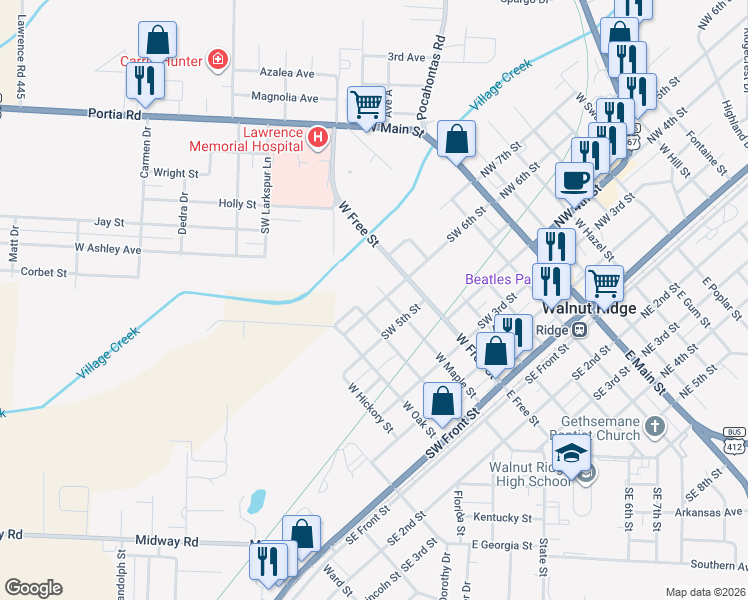 map of restaurants, bars, coffee shops, grocery stores, and more near 600 West Maple Street in Walnut Ridge