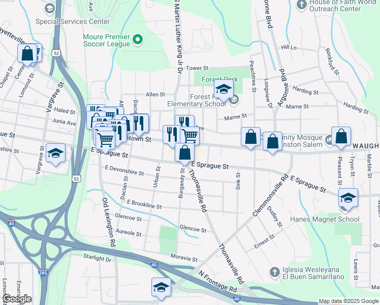 map of restaurants, bars, coffee shops, grocery stores, and more near 1000 Waughtown Street in Winston-Salem