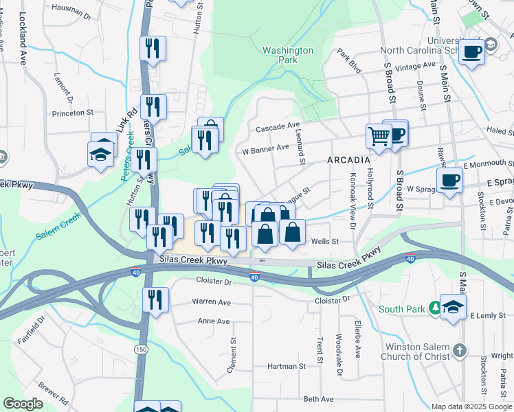map of restaurants, bars, coffee shops, grocery stores, and more near 818 Salisbury Ridge Road in Winston-Salem