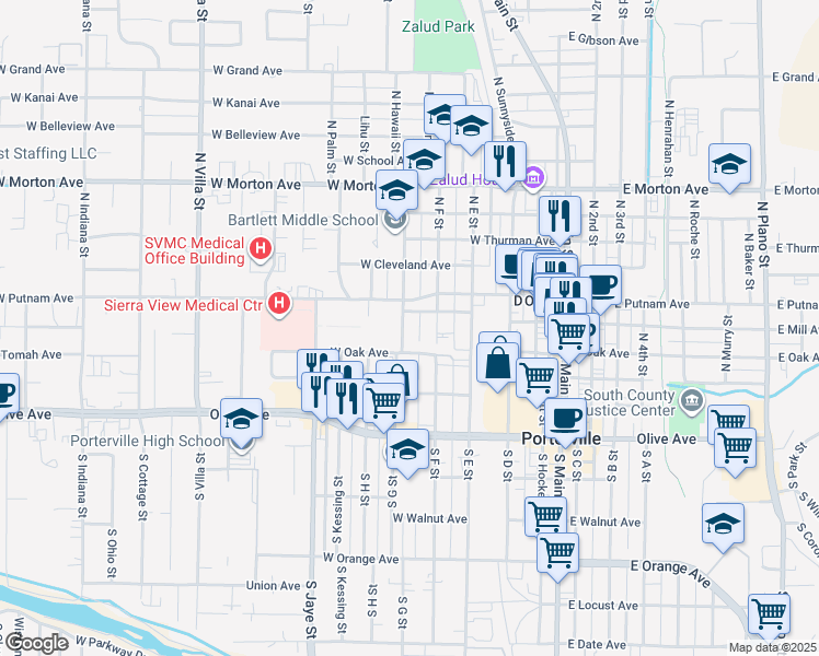 map of restaurants, bars, coffee shops, grocery stores, and more near 168 North G Street in Porterville