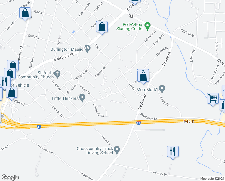 map of restaurants, bars, coffee shops, grocery stores, and more near 2411 Moran Street in Burlington