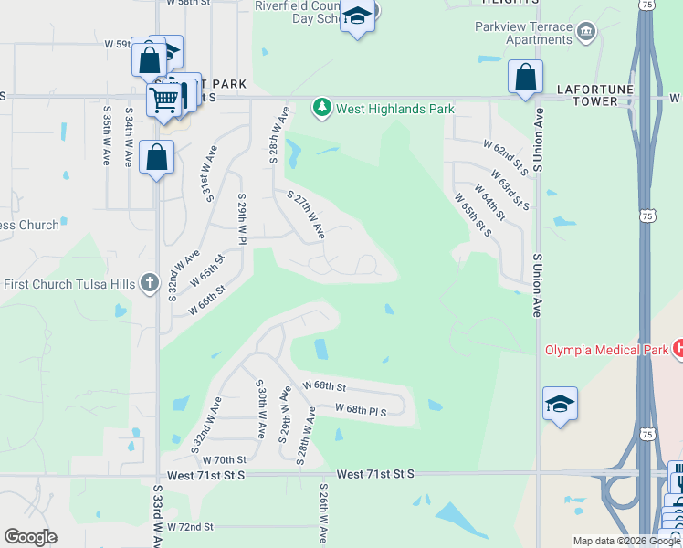 map of restaurants, bars, coffee shops, grocery stores, and more near 4901 West 66th Place in Tulsa