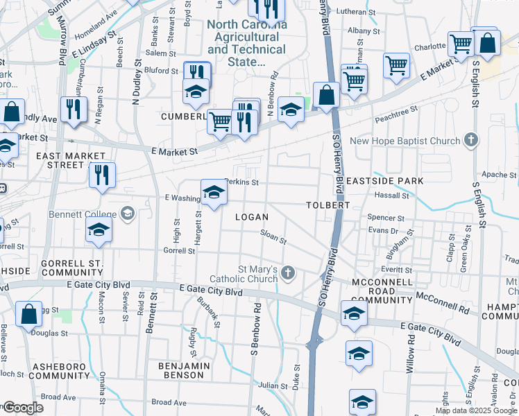 map of restaurants, bars, coffee shops, grocery stores, and more near 1305 East Washington Street in Greensboro