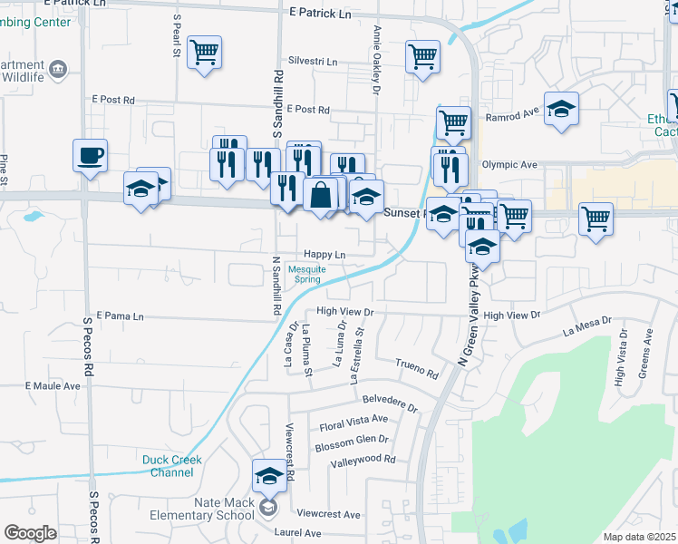 map of restaurants, bars, coffee shops, grocery stores, and more near 1312 Bass Drive in Henderson