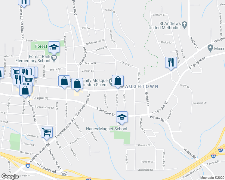 map of restaurants, bars, coffee shops, grocery stores, and more near Waughtown Street in Winston-Salem