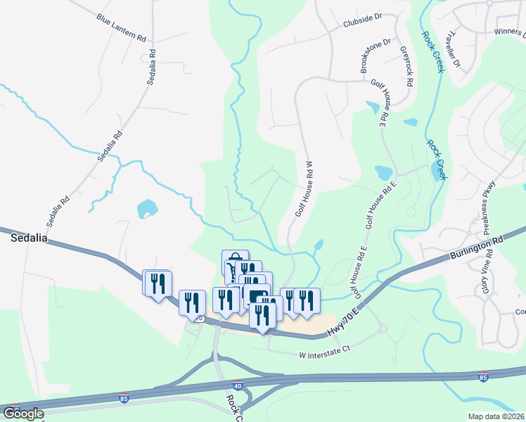 map of restaurants, bars, coffee shops, grocery stores, and more near 832 Creek Crossing Trail in Whitsett