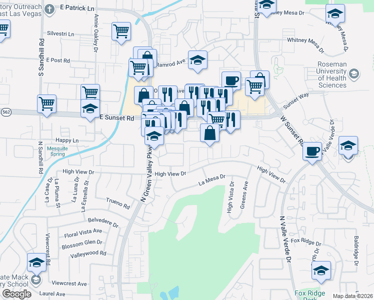 map of restaurants, bars, coffee shops, grocery stores, and more near 2535 Kilmaron Circle in Henderson
