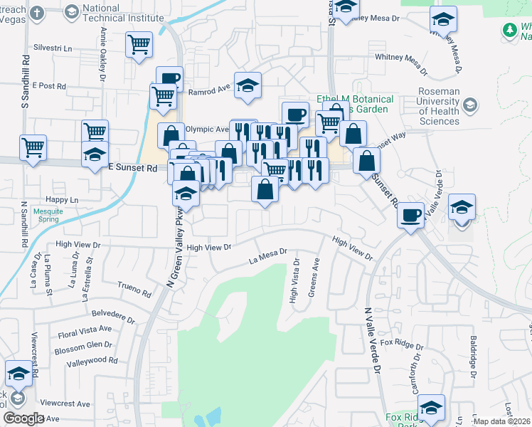 map of restaurants, bars, coffee shops, grocery stores, and more near 2524 Kirkmichael Lane in Henderson