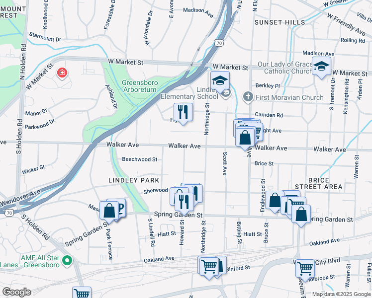 map of restaurants, bars, coffee shops, grocery stores, and more near 2419 Walker Avenue in Greensboro