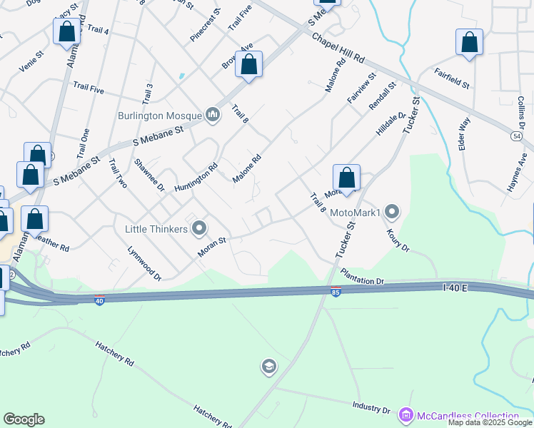 map of restaurants, bars, coffee shops, grocery stores, and more near 2419 Moran Street in Burlington