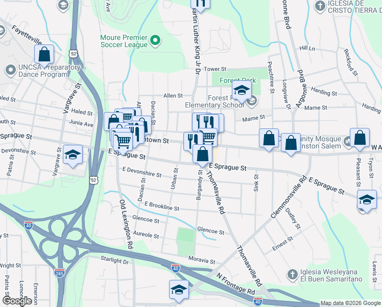 map of restaurants, bars, coffee shops, grocery stores, and more near 2220 Thomasville Road in Winston-Salem
