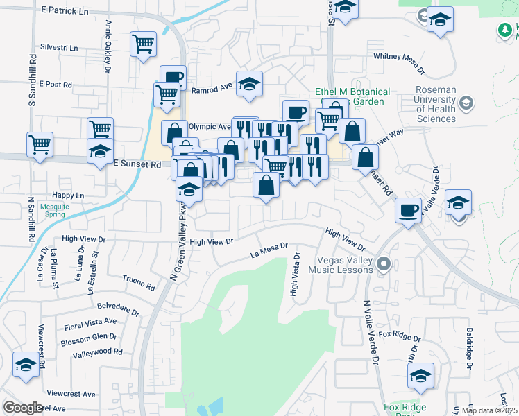 map of restaurants, bars, coffee shops, grocery stores, and more near 2525 Kirkmichael Lane in Henderson