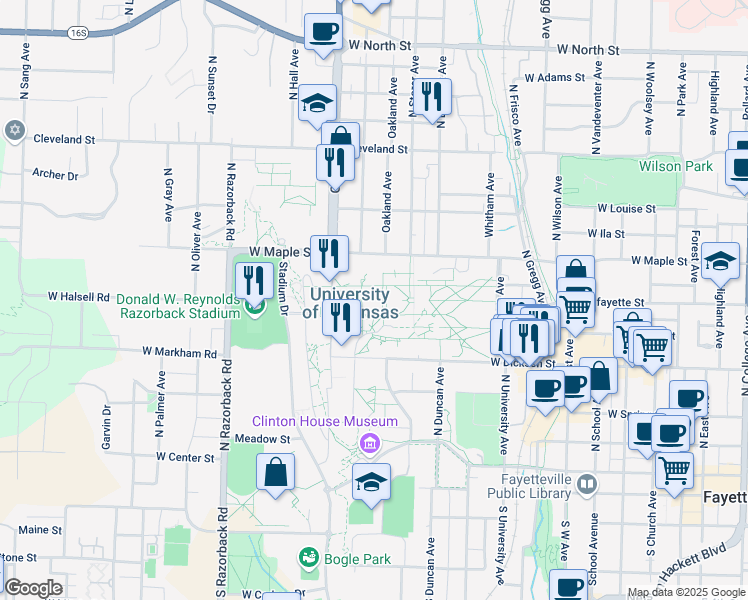 map of restaurants, bars, coffee shops, grocery stores, and more near 365 North McIlroy Avenue in Fayetteville