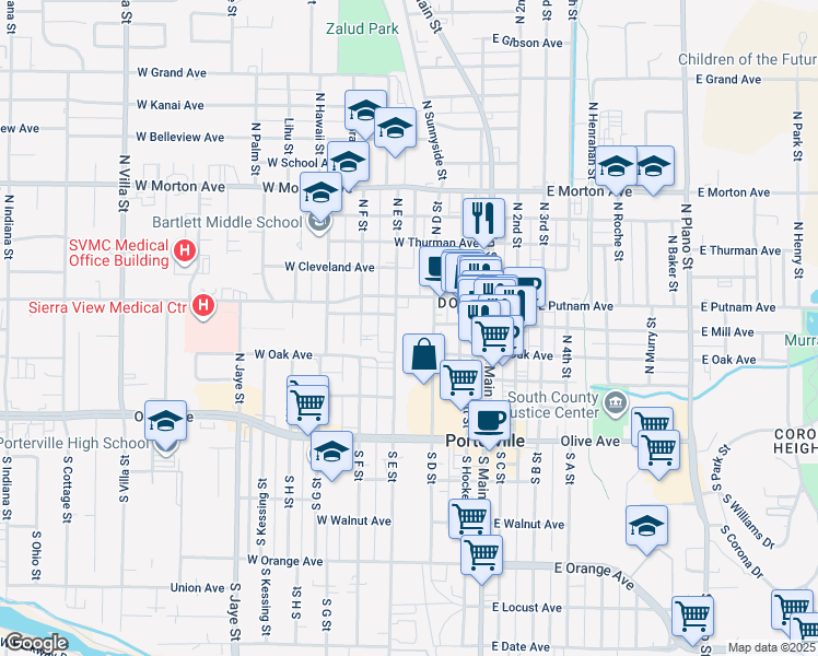 map of restaurants, bars, coffee shops, grocery stores, and more near 215 North D Street in Porterville