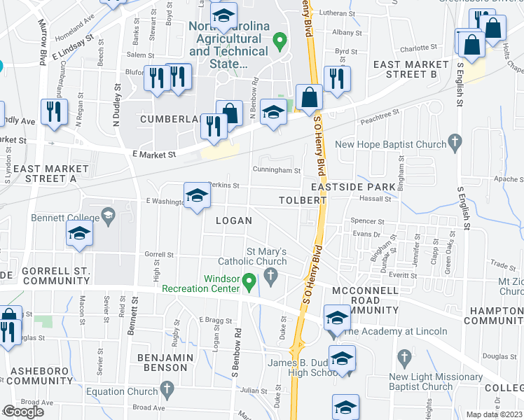 map of restaurants, bars, coffee shops, grocery stores, and more near in Greensboro