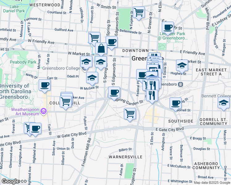 map of restaurants, bars, coffee shops, grocery stores, and more near 503 West McGee Street in Greensboro