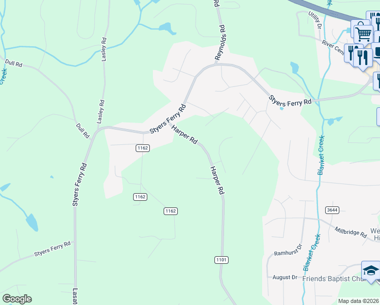 map of restaurants, bars, coffee shops, grocery stores, and more near 1624 Harper Road in Clemmons