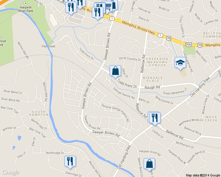 map of restaurants, bars, coffee shops, grocery stores, and more near 7451 George Gaines Road in Nashville