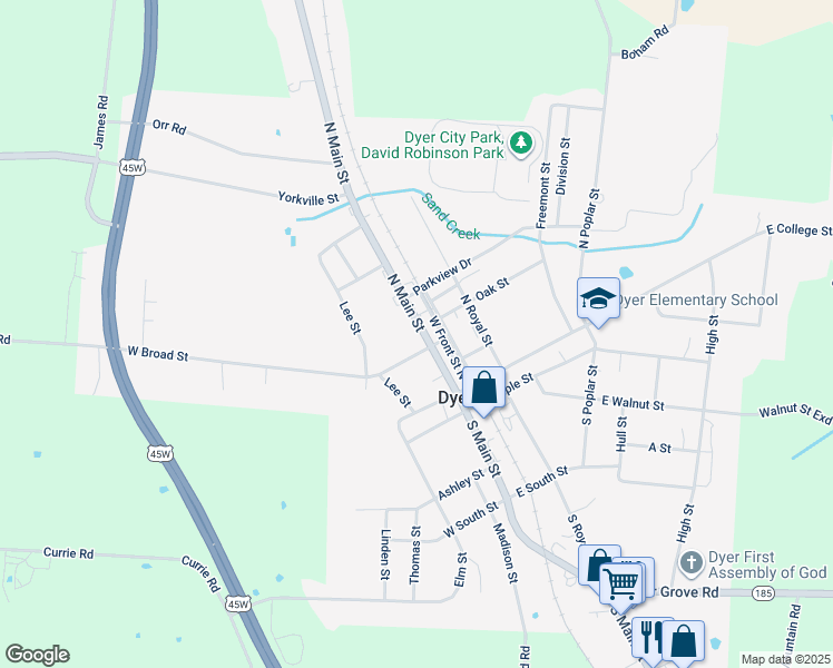 map of restaurants, bars, coffee shops, grocery stores, and more near 301 North Main Street in Dyer
