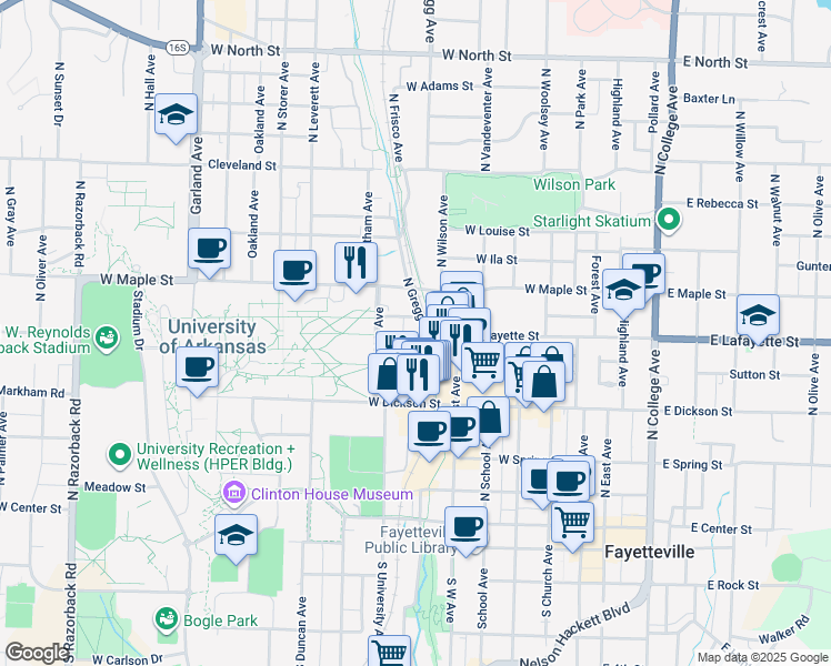 map of restaurants, bars, coffee shops, grocery stores, and more near 439 North Gregg Avenue in Fayetteville