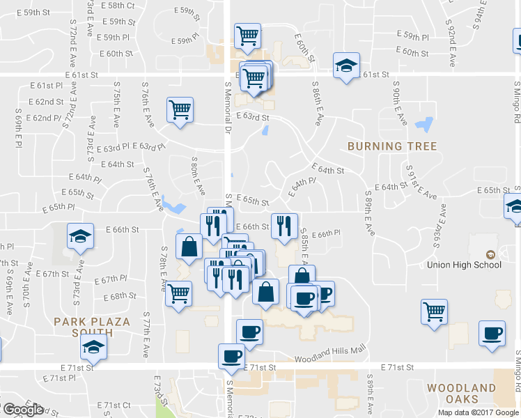 map of restaurants, bars, coffee shops, grocery stores, and more near 8219 East 65th Street in Tulsa