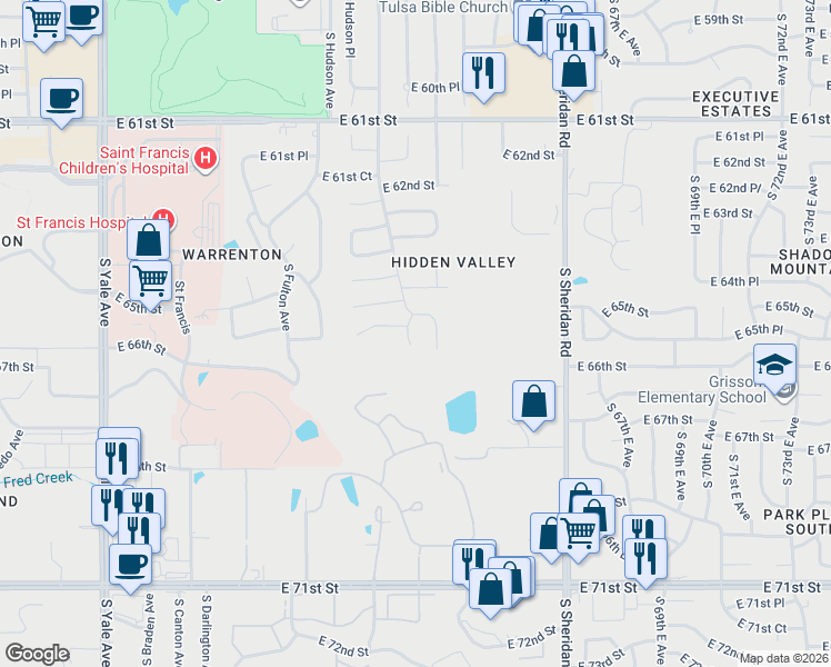 map of restaurants, bars, coffee shops, grocery stores, and more near 6524 South Irvington Avenue in Tulsa