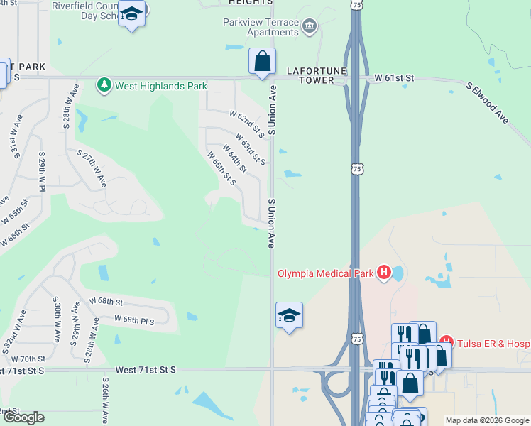 map of restaurants, bars, coffee shops, grocery stores, and more near in Tulsa