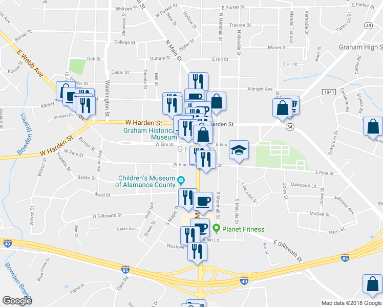 map of restaurants, bars, coffee shops, grocery stores, and more near 30 Southeast Court Square in Graham