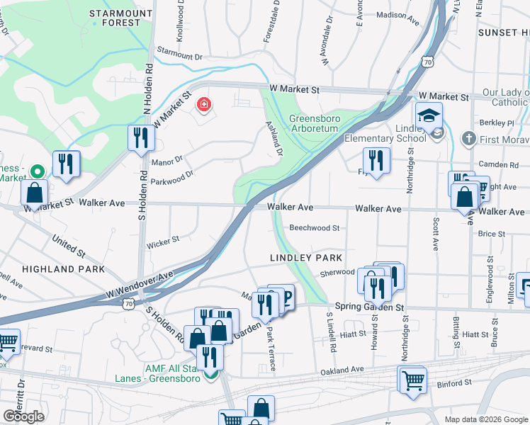 map of restaurants, bars, coffee shops, grocery stores, and more near 502 Willowbrook Drive in Greensboro