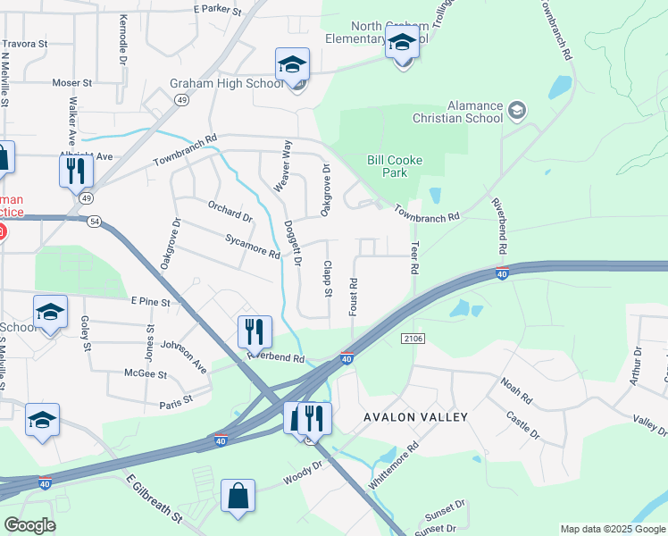 map of restaurants, bars, coffee shops, grocery stores, and more near 319 Clapp Street in Graham