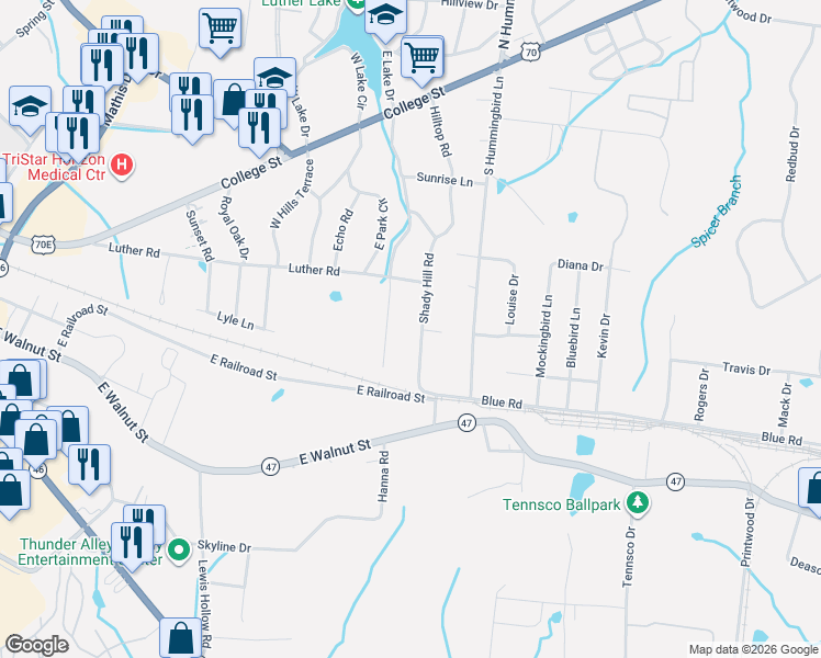 map of restaurants, bars, coffee shops, grocery stores, and more near 207 Luther Court in Dickson