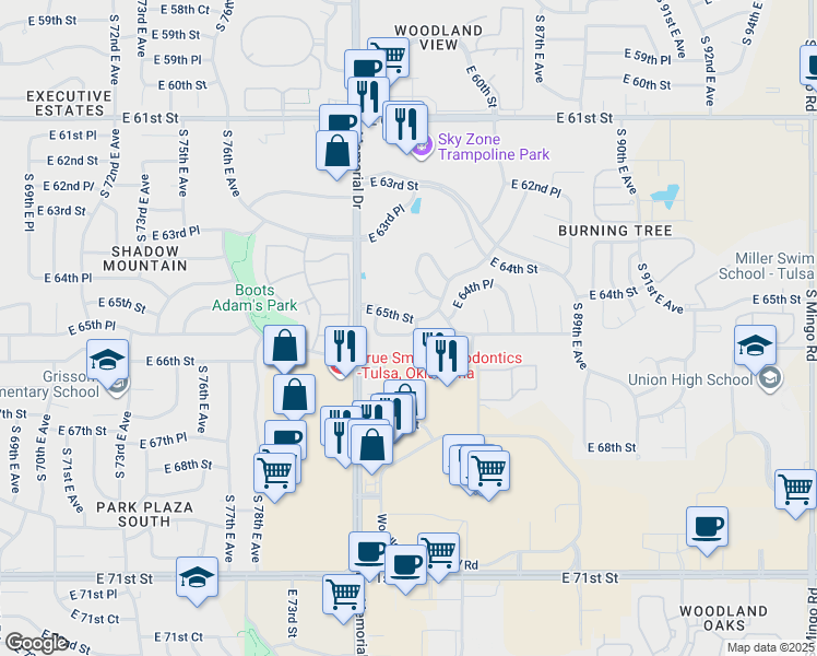 map of restaurants, bars, coffee shops, grocery stores, and more near 8219 East 65th Street in Tulsa