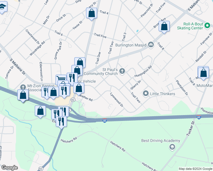 map of restaurants, bars, coffee shops, grocery stores, and more near 602 Trail Two in Burlington
