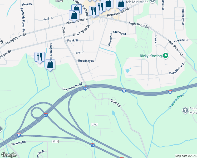 map of restaurants, bars, coffee shops, grocery stores, and more near 2910 Poinsetta Drive in Winston-Salem
