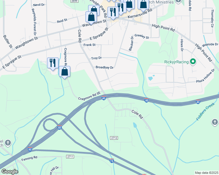 map of restaurants, bars, coffee shops, grocery stores, and more near 2510 Gardenia Road in Winston-Salem