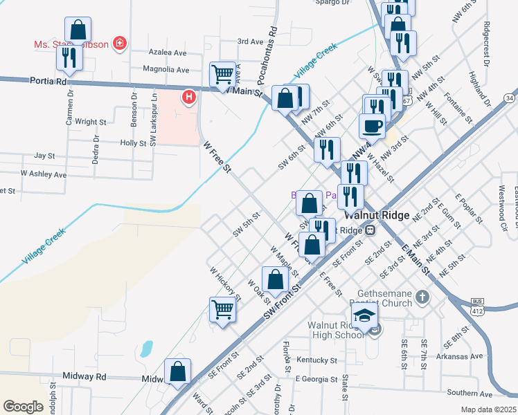 map of restaurants, bars, coffee shops, grocery stores, and more near 502 Southwest 5th Street in Walnut Ridge