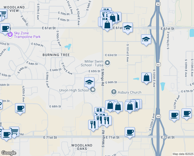 map of restaurants, bars, coffee shops, grocery stores, and more near 9508 East 65th Street in Tulsa