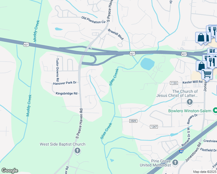 map of restaurants, bars, coffee shops, grocery stores, and more near 5302 Villas Court in Winston-Salem