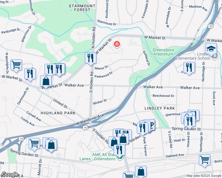 map of restaurants, bars, coffee shops, grocery stores, and more near 3905 Walker Avenue in Greensboro