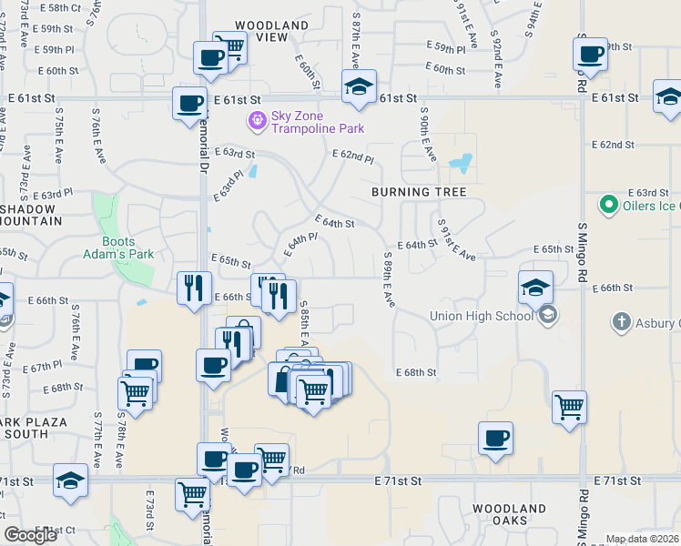 map of restaurants, bars, coffee shops, grocery stores, and more near 6437 South 87th East Avenue South in Tulsa