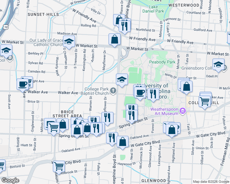 map of restaurants, bars, coffee shops, grocery stores, and more near 410 South Josephine Boyd Street in Greensboro