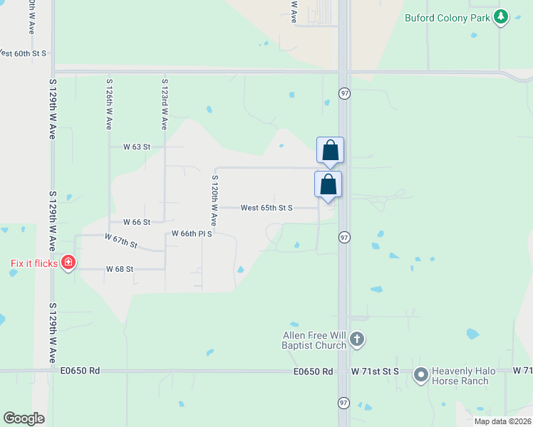 map of restaurants, bars, coffee shops, grocery stores, and more near 11722 West 65th Street South in Sapulpa