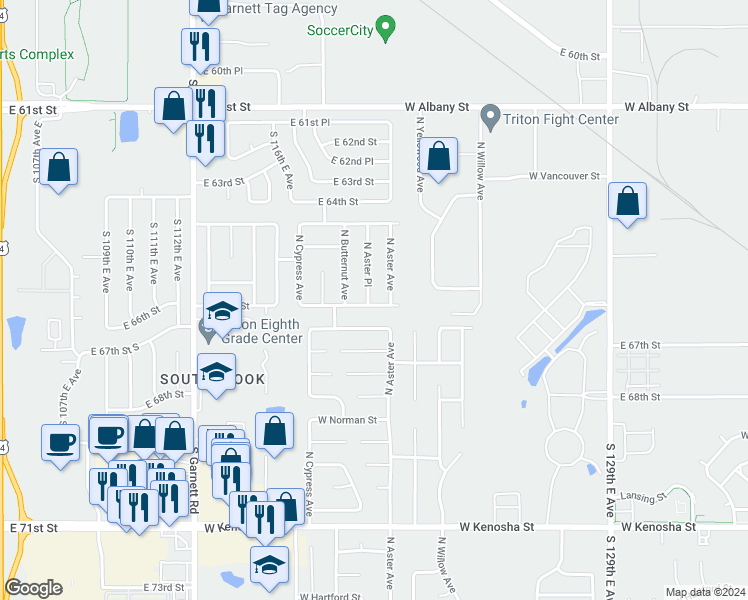 map of restaurants, bars, coffee shops, grocery stores, and more near 1703 North Aster Place in Broken Arrow