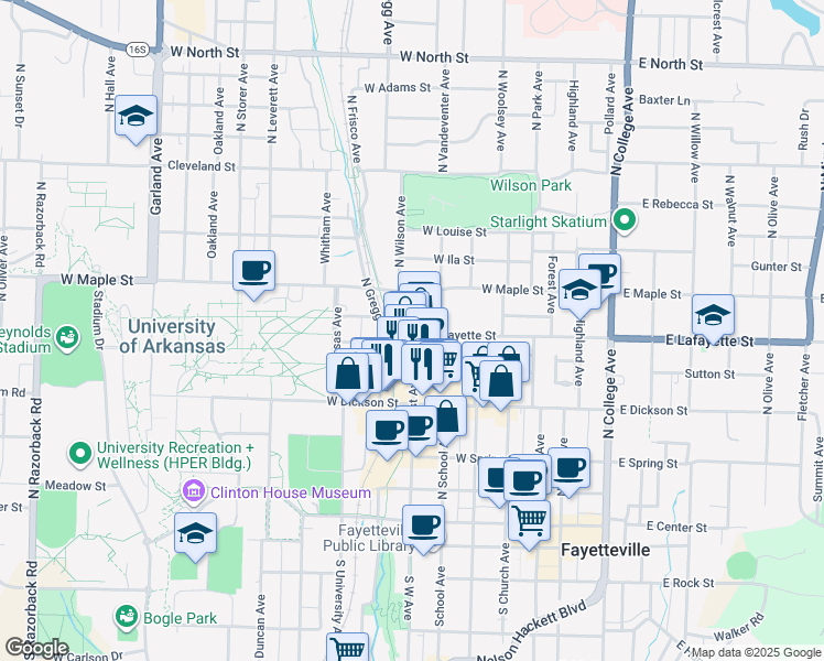 map of restaurants, bars, coffee shops, grocery stores, and more near 326 West Watson Street in Fayetteville