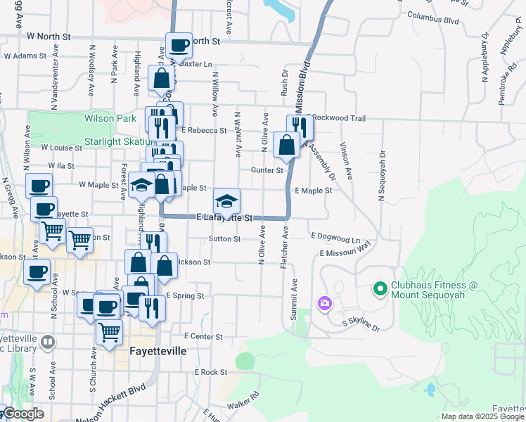 map of restaurants, bars, coffee shops, grocery stores, and more near North Olive Avenue in Fayetteville