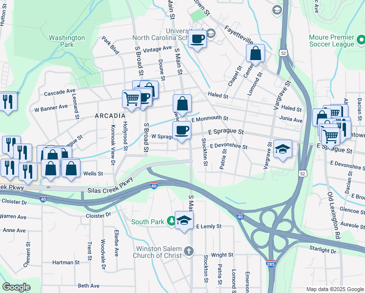 map of restaurants, bars, coffee shops, grocery stores, and more near 15 Southwest Devonshire Street in Winston-Salem