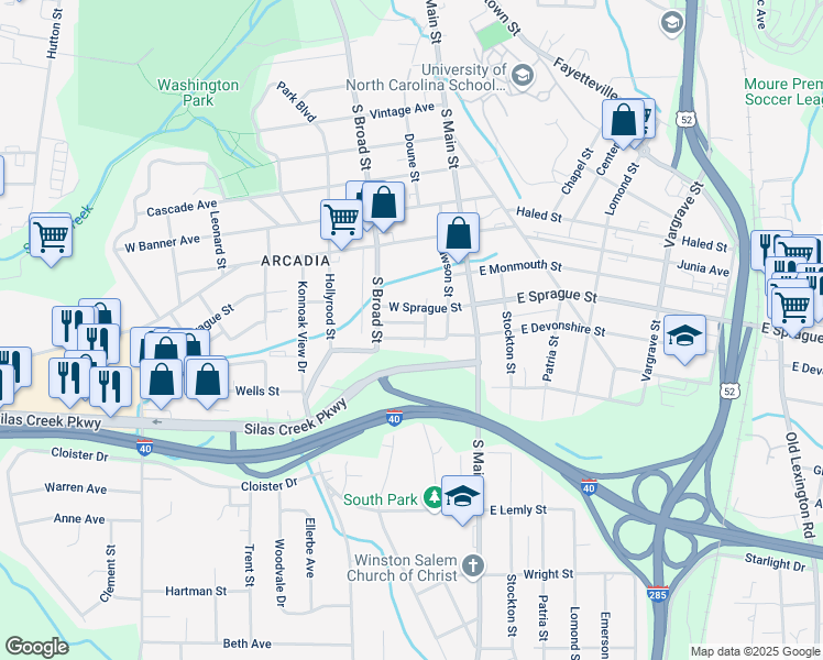 map of restaurants, bars, coffee shops, grocery stores, and more near 2306 Hardiman Place Court in Winston-Salem