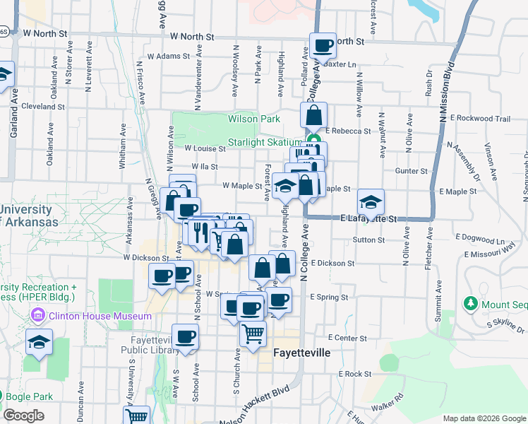 map of restaurants, bars, coffee shops, grocery stores, and more near in Fayetteville