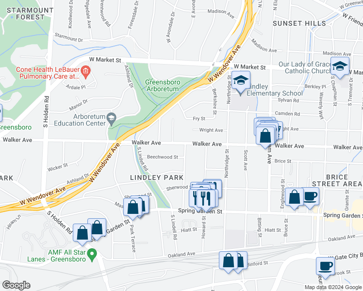 map of restaurants, bars, coffee shops, grocery stores, and more near 600 Longview Street in Greensboro
