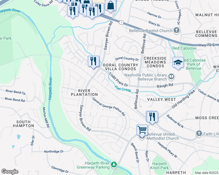 map of restaurants, bars, coffee shops, grocery stores, and more near 7451 George Gaines Road in Nashville
